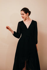 Black Long Sleevess High low Chiffon Evening Party Gowns-Dbrbridal