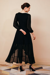 Black Long Sleevess High low Chiffon Evening Party Gowns-Dbrbridal