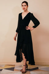 Black Long Sleevess High low Chiffon Evening Party Gowns-Dbrbridal