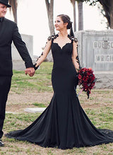 Black Luxury Elastic Satin Wedding Dresses Mermaid Fitted Style Long Sleeves Featuring Appliques Lace-Dbrbridal