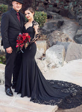 Black Luxury Elastic Satin Wedding Dresses Mermaid Fitted Style Long Sleeves Featuring Appliques Lace-Dbrbridal