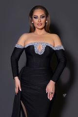 Black Mermaid Evening Prom Dress with Long Sleeve and Pearl Ruffles-Dbrbridal