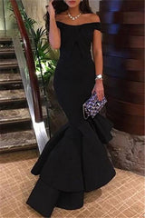 Black Off-the-Shoulder Mermaid Hi-Lo Tiered Formal Dresses-Dbrbridal