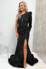 Black One Shoulder Long Sleeve Mermaid Prom Dress with Sequins and Split-Dbrbridal