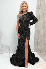 Black One Shoulder Long Sleeve Mermaid Prom Dress with Sequins and Split-Dbrbridal