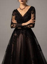 Black Retro style Lace Wedding Dress Long Sleeves-Dbrbridal