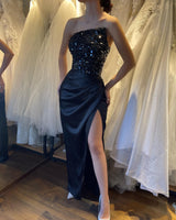 Black Sequin Split Long Strapless Prom Dress Sleeveless-Dbrbridal