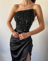 Black Sequin Split Long Strapless Prom Dress Sleeveless-Dbrbridal