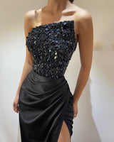 Black Sequin Split Long Strapless Prom Dress Sleeveless-Dbrbridal