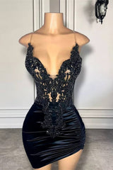 Black Sleeveless Short Prom Dresses with Spaghetti Straps and Beadings-Dbrbridal