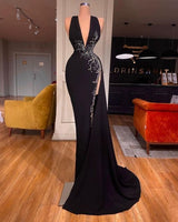 Black V-Neck Mermaid Prom Dress with Split and Beadings-Dbrbridal