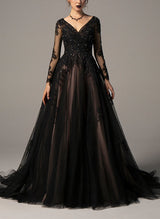 Black Wedding Dresses Chic A-line V-Neck Long Sleeves Sweep Train in Lace Tulle-Dbrbridal