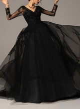 Black Wedding Dresses Chic A-line V-Neck Long Sleeves Sweep Train in Lace Tulle-Dbrbridal