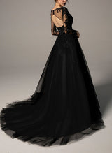 Black Wedding Dresses Chic A-line V-Neck Long Sleeves Sweep Train in Lace Tulle-Dbrbridal