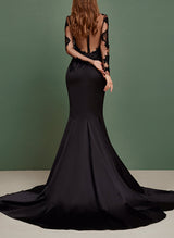 Black Wedding Dresses Mermaid Fitted Scoop Neck Long Sleeves Lace Satin-Dbrbridal