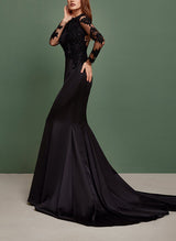 Black Wedding Dresses Mermaid Fitted Scoop Neck Long Sleeves Lace Satin-Dbrbridal