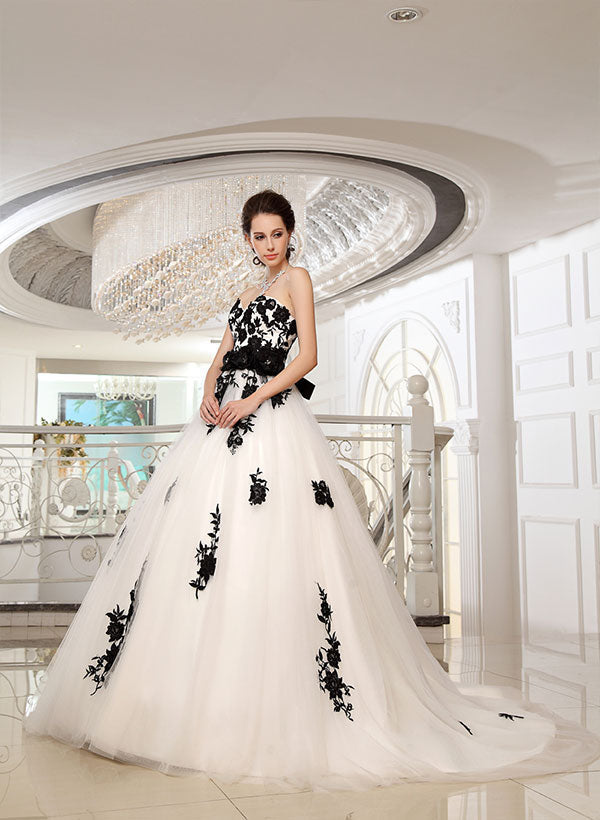 Black White Wedding Dresses Ball Gown Strapless Lace Sash Bridal Dress