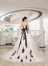 Black White Wedding Dresses Ball Gown Strapless Lace Sash Bridal Dresses-Dbrbridal