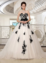 Black White Wedding Dresses Ball Gown Strapless Lace Sash Bridal Dresses-Dbrbridal