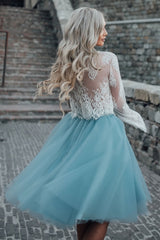 Blue Casual Wedding Dress A-line Designed Neckline Lace Tulle Bridal Gowns-Dbrbridal