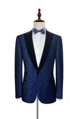 Blue Floral Patter Tuxedos for Wedding Black Velvet Peak Collar Prom Suits-Dbrbridal