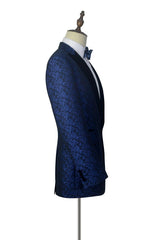 Blue Floral Patter Tuxedos for Wedding Black Velvet Peak Collar Prom Suits-Dbrbridal