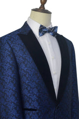 Blue Floral Patter Tuxedos for Wedding Black Velvet Peak Collar Prom Suits-Dbrbridal