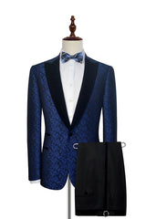 Blue Floral Patter Tuxedos for Wedding Black Velvet Peak Collar Prom Suits-Dbrbridal