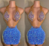Blue Halter Sleeveless Short Prom Dresses With Sequins Beads-Dbrbridal