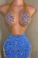 Blue Halter Sleeveless Short Prom Dresses With Sequins Beads-Dbrbridal