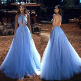 Blue HalterLong Prom Dress Tulle Evening Ball Dresses Beadings-Dbrbridal