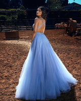 Blue HalterLong Prom Dress Tulle Evening Ball Dresses Beadings-Dbrbridal