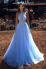 Blue HalterLong Prom Dress Tulle Evening Ball Dresses Beadings-Dbrbridal