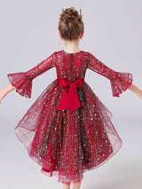 Blue Jewel Neck 3/4 Length Sleeves Bows Formal Kids Pageant flower girl dresses-Dbrbridal