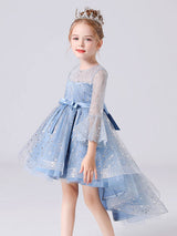 Blue Jewel Neck 3/4 Length Sleeves Bows Formal Kids Pageant flower girl dresses-Dbrbridal