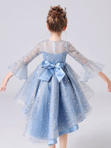 Blue Jewel Neck 3/4 Length Sleeves Bows Formal Kids Pageant flower girl dresses-Dbrbridal