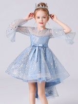 Blue Jewel Neck 3/4 Length Sleeves Bows Formal Kids Pageant flower girl dresses-Dbrbridal