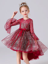 Blue Jewel Neck 3/4 Length Sleeves Bows Formal Kids Pageant flower girl dresses-Dbrbridal