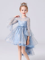 Blue Jewel Neck 3/4 Length Sleeves Bows Formal Kids Pageant flower girl dresses-Dbrbridal