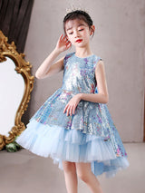Blue Jewel Neck Sleeveless Bows Kids Social Party Dresses Princess Dress-Dbrbridal