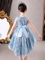 Blue Jewel Neck Sleeveless Bows Kids Social Party Dresses Princess Dress-Dbrbridal