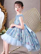 Blue Jewel Neck Sleeveless Bows Kids Social Party Dresses Princess Dress-Dbrbridal