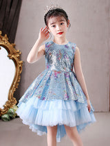 Blue Jewel Neck Sleeveless Bows Kids Social Party Dresses Princess Dress-Dbrbridal