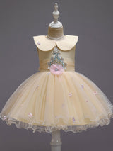 Blue Jewel Neck Sleeveless Bows Tulle Polyester Cotton Flowers Kids Social Party Dresses-Dbrbridal