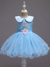 Blue Jewel Neck Sleeveless Bows Tulle Polyester Cotton Flowers Kids Social Party Dresses-Dbrbridal