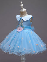 Blue Jewel Neck Sleeveless Bows Tulle Polyester Cotton Flowers Kids Social Party Dresses-Dbrbridal