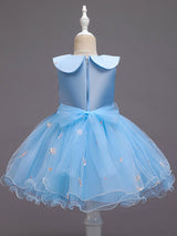 Blue Jewel Neck Sleeveless Bows Tulle Polyester Cotton Flowers Kids Social Party Dresses-Dbrbridal
