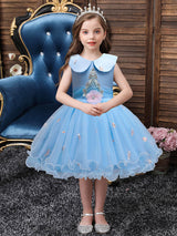 Blue Jewel Neck Sleeveless Bows Tulle Polyester Cotton Flowers Kids Social Party Dresses-Dbrbridal