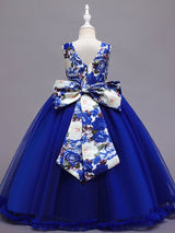 Blue Jewel Neck Sleeveless Lace Polyester Cotton Tulle Embroidered Kids Party Dresses-Dbrbridal