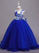 Blue Jewel Neck Sleeveless Lace Polyester Cotton Tulle Embroidered Kids Party Dresses-Dbrbridal